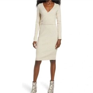 Leith V Neck Faux Wrap Long Sleeve Rib Knit Bodycon  Sweater Camel Dress SZ M